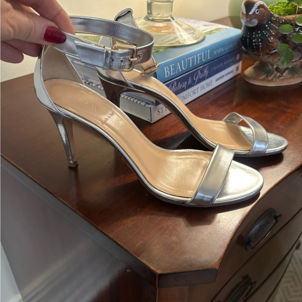 J Crew Mirror Silver Ankle Strap Open Toe Heels 8.5